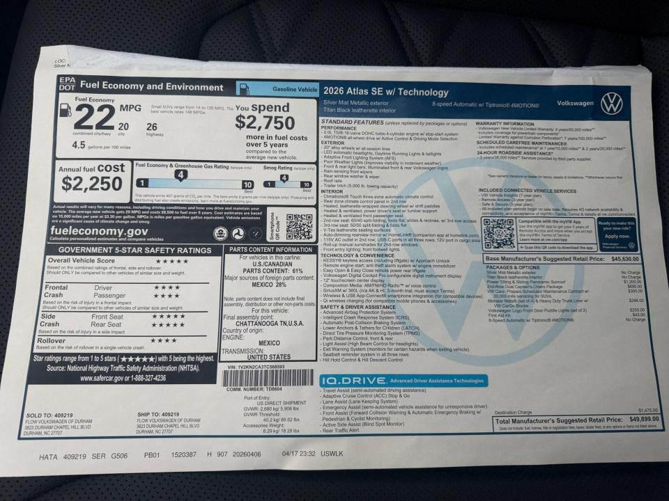 2026 Volkswagen Atlas 2.0T SE w/Technology