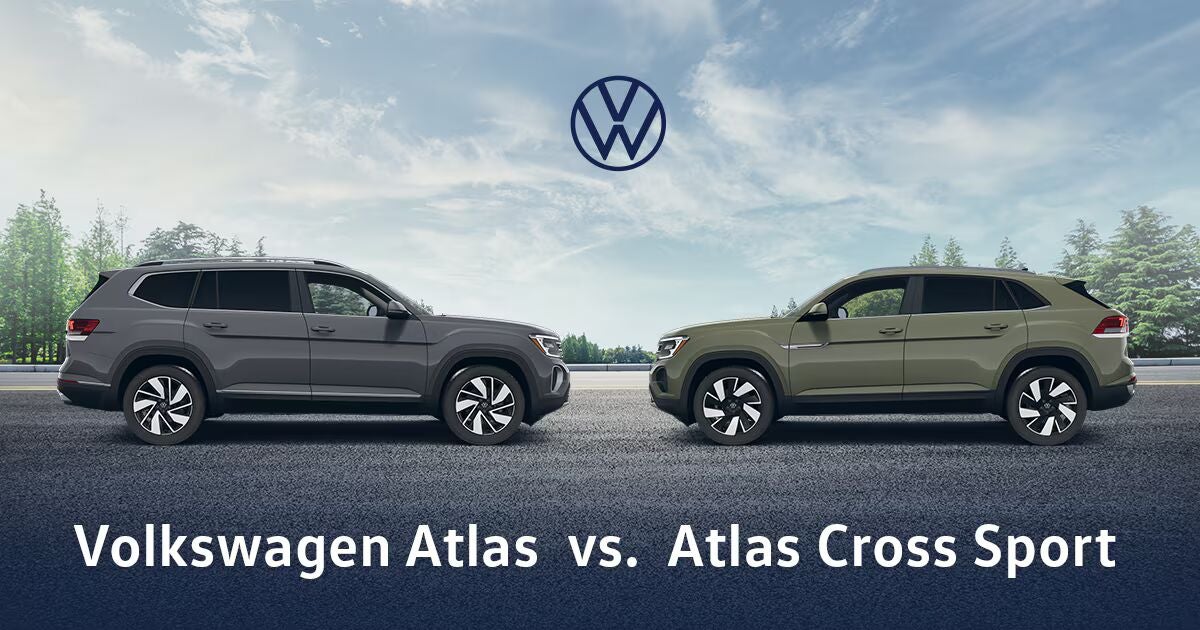Volkswagen Atlas and Atlas Cross Sport facing each other in front of a natural background