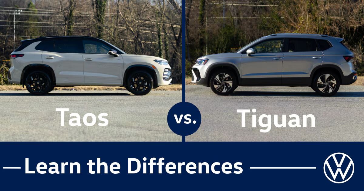 VW Taos facing a VW Tiguan. Both cars are parked outside with trees in the background.